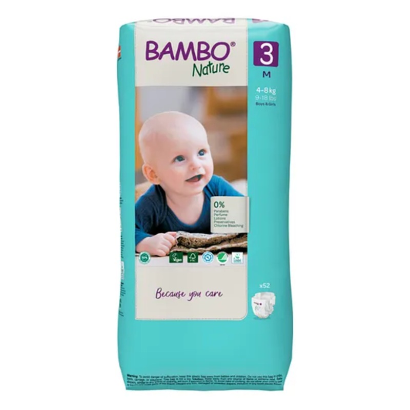 Bambo Nature Medium Size Tape Diapers with Wetness Indicator – 52 Pieces
