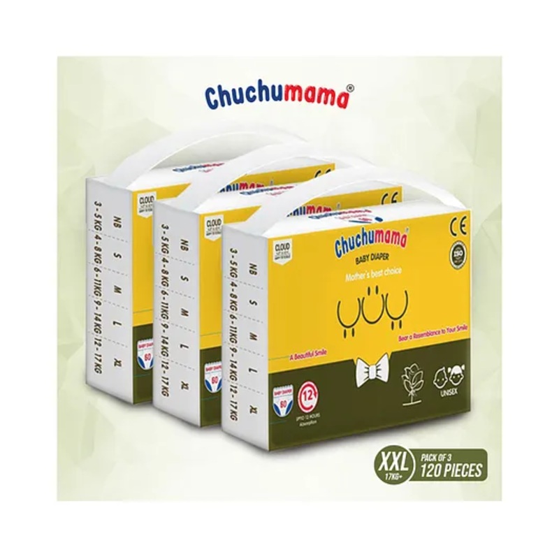 Chuchumama Taped Style Baby Diaper, Extreme Extra Large (XXL) Size Baby Diaper Pants, 17 – 23 kg, Combo Pack of 3, 40 count Per Pack, 120 count, 12 hrs Absorption and Cottony Soft Material