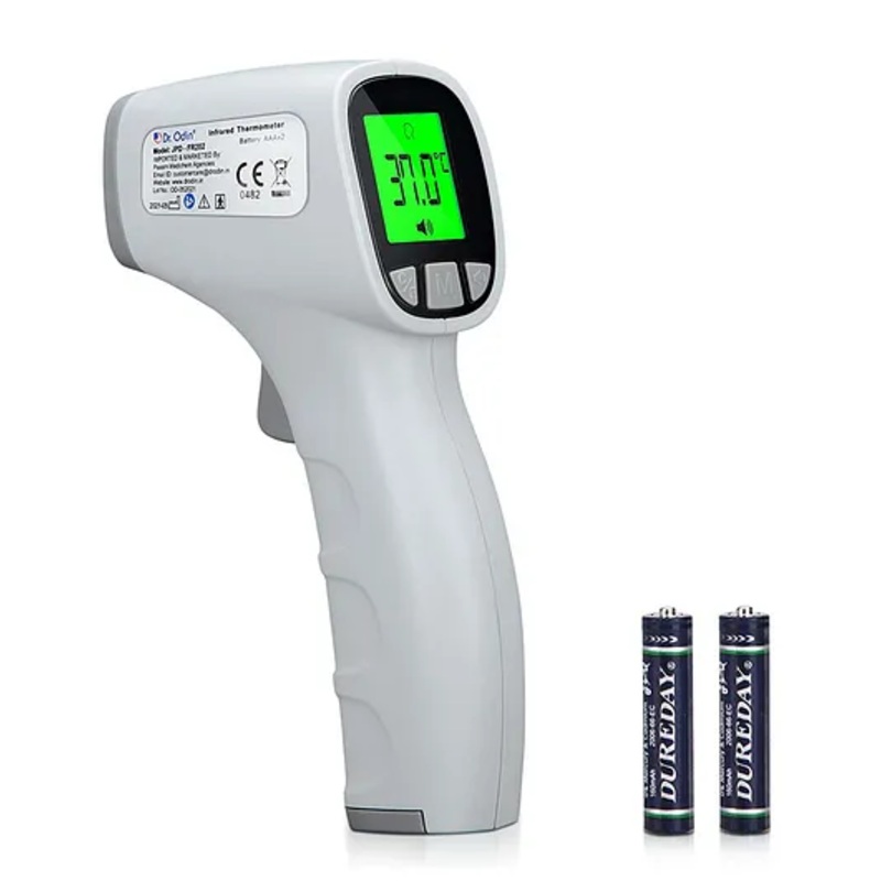 Dr. Odin OIR002 Non-Contact Thermometer – Instant, Accurate Forehead & Room Temp Readings, Hygienic Digital Display, Perfect for Families, Includes Batteries – White