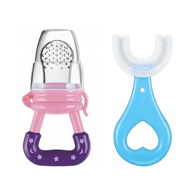 Enorme Baby Fruit Food Feeder Nibbler Pacifier with Soft U Shaped Silicone Toothbrush for Kids – Multicolour