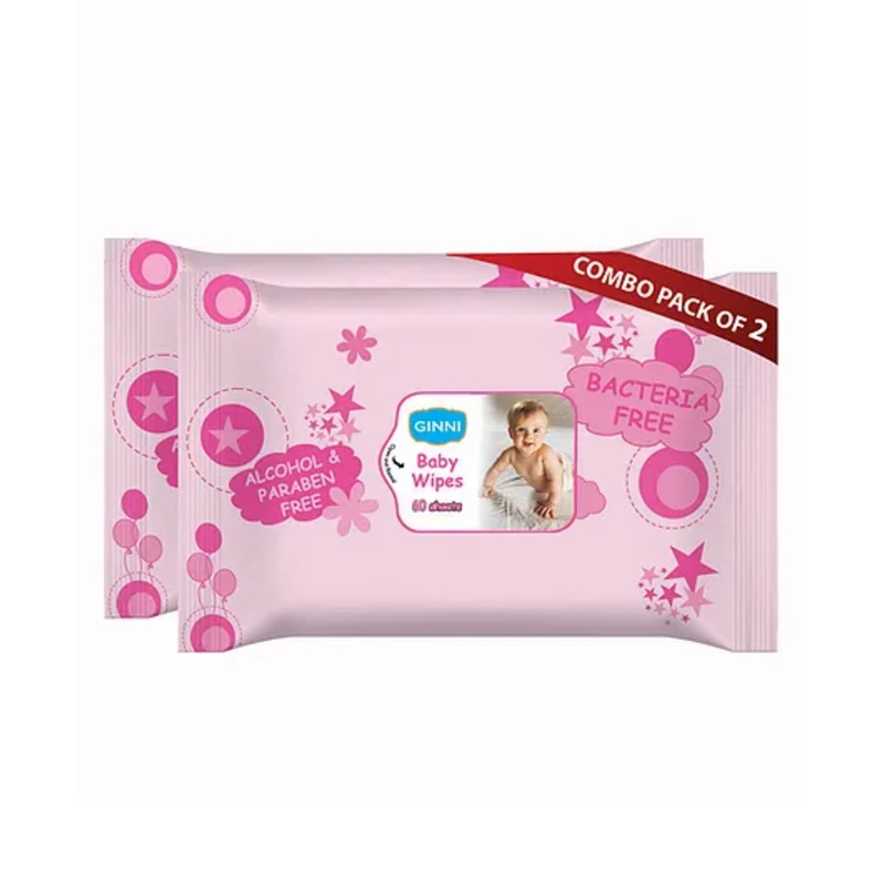 GINNI Baby Wipes Cleansing Wipes With Aloe Vera & Jojoba Oil – 60 Wipes per Pack (Pack of 2)