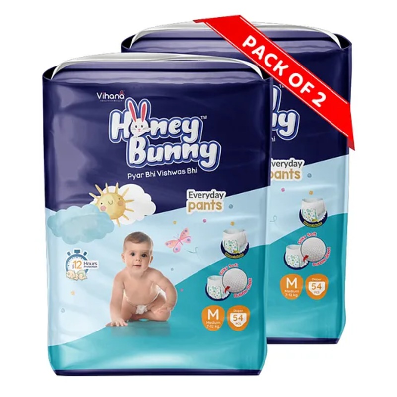 Honey Bunny Medium –  Everyday Baby Pants Diapers – 108 Pcs (2 Pack of 54 pcs)