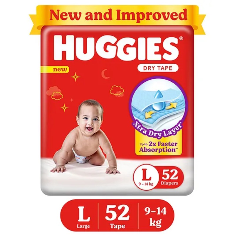 Huggies Dry Tape | Adjustable Tape Style Diapers, Large (L) Size (9-14 Kgs), Pack of 52 | Up To 2X Faster Absorption, Up To 12 Hours Overnight Absorption