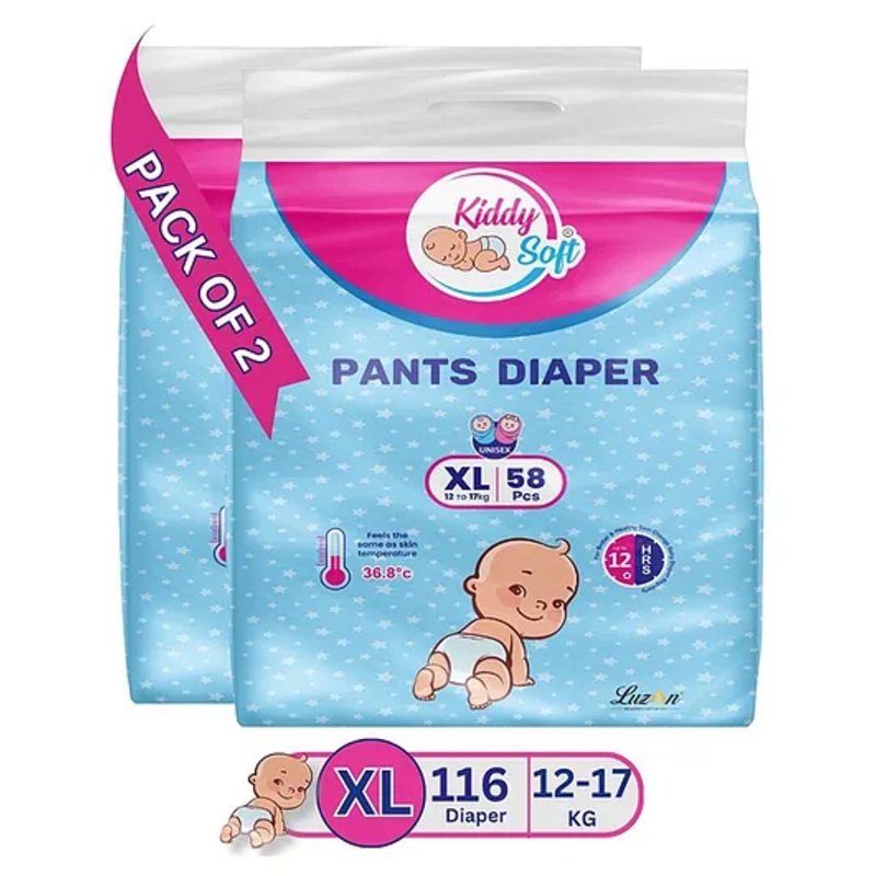 KiddySoft Baby Diaper Pants | Super Absorbent with Criss Cross Layer | Up to 12 Hours Protection | Softest Top Sheet | Comfortable Fit | Extra Large (12-17 KG) | Pack of 2 (116 Diapers )