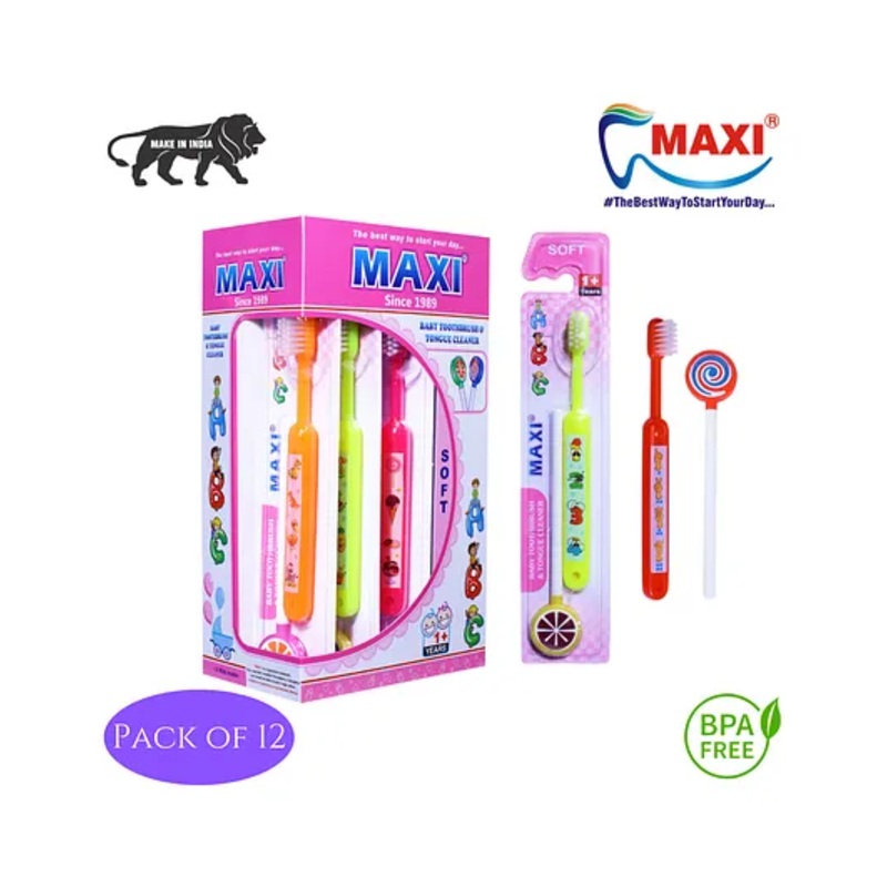MAXI ABC Baby Toothbrush and Tongue Cleaner-Oral Hygiene Kit Pack of 12 – Multicolour