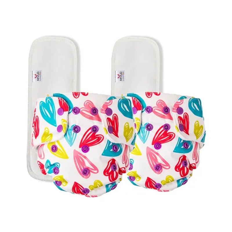 Mylo Baby Freesize Adjustable Cloth Diapers with 2 Free Insert Oeko Tex Certified Pack of 2 – Heart Doodles