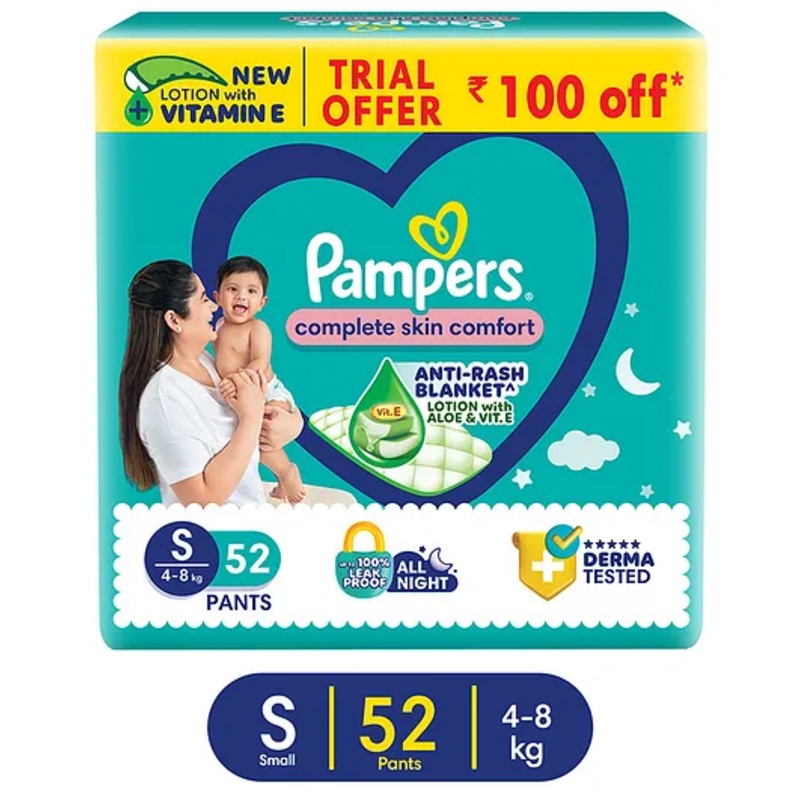Pampers Complete Skin Comfort Pants, Anti-rash blanket, Lotion with Vitamin E & Aloe Vera, Small size baby Diapers, (s) 52 Count, 4-8  kg