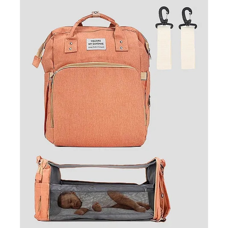 Tinyberg 3-in-1 RestNest Baby Diaper Bag With Foldable Baby Bed & Changing Station,11 Pockets, Usb Port – Vibrant Orange