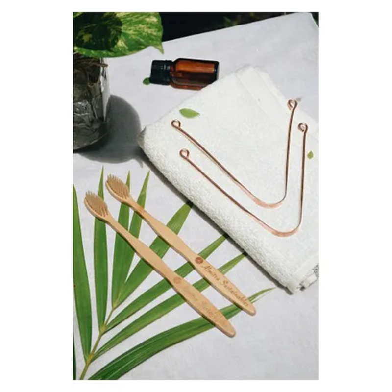 Almitra Sustainables Oral Care Set  Bamboo Bristle Toothbrush and Copper Tongue Cleaner (Pack of 2)