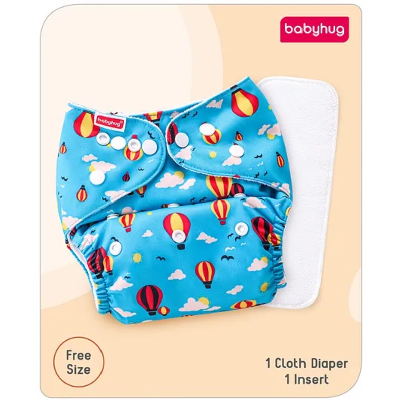 Babyhug Free Size Reusable Cloth Diaper with Smart Dry Insert Combo Hot Air Balloon Print- Sky Blue