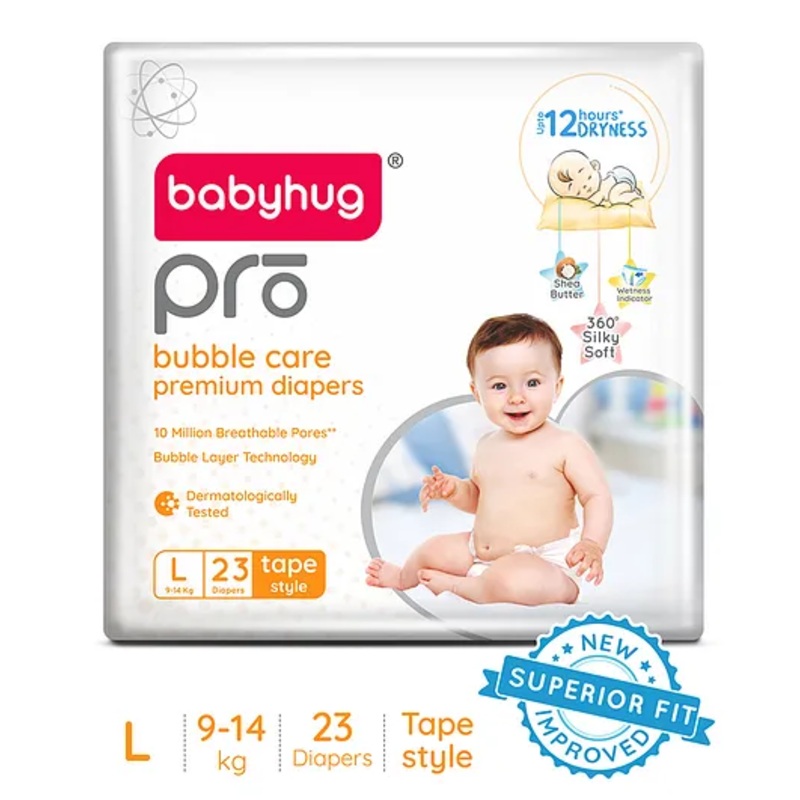 Babyhug Pro Bubble Care Premium Tape Style Diaper Large – 23 Pieces – New & Improved Superior Fit