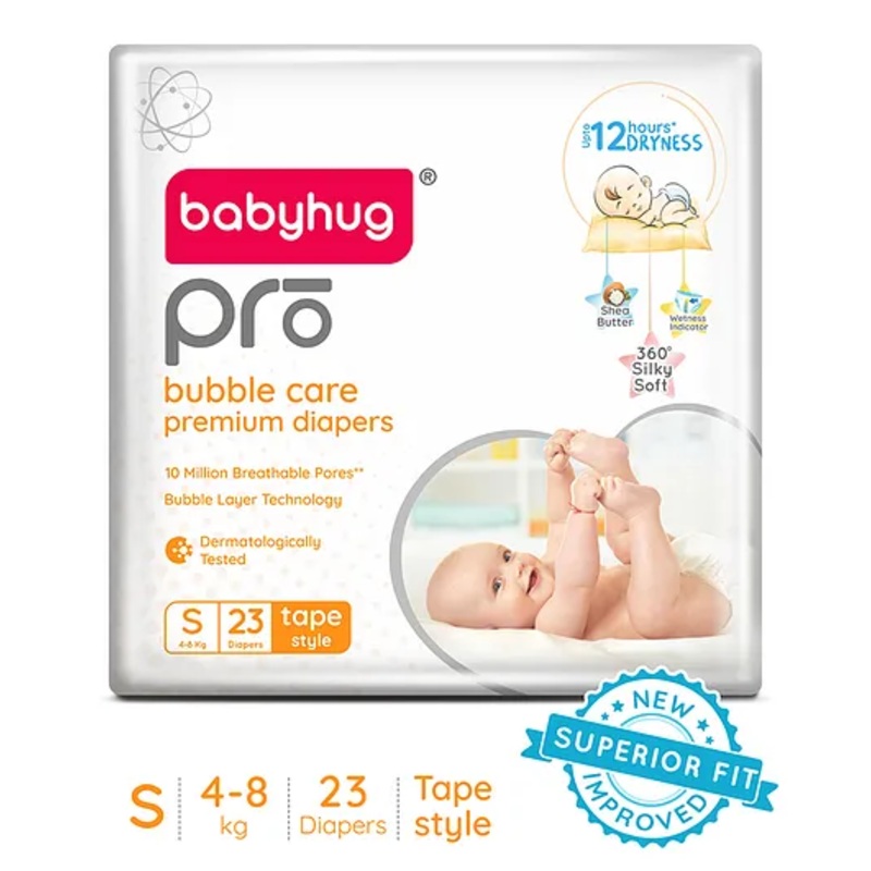 Babyhug Pro Bubble Care Premium Tape Style Diaper (S) Small – 23 Pieces – New & Improved Superior Fit
