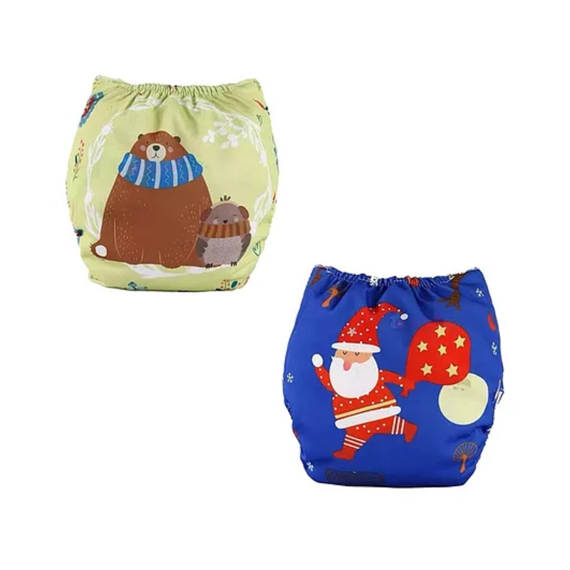 Butterthief Santa & Bear Printed Reusable & Washable Cloth Diapers with insert For New Born Baby (2 Diapers + 2 Organic Cotton Absorber)