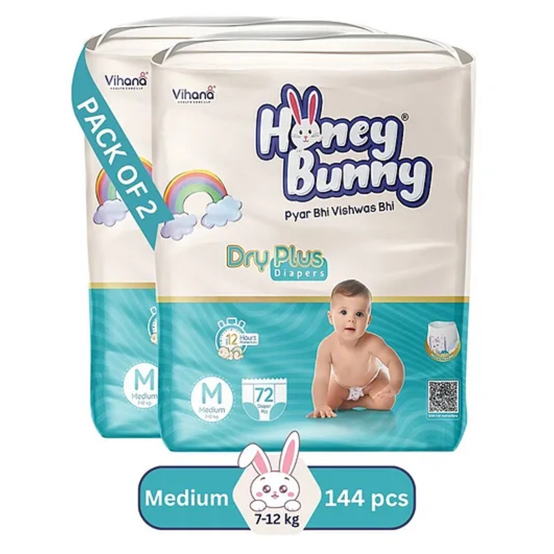 HONEY BUNNY Baby Diaper Pants Super Soft Dry Plus 12 Hour protection – Pack of 144 M – M