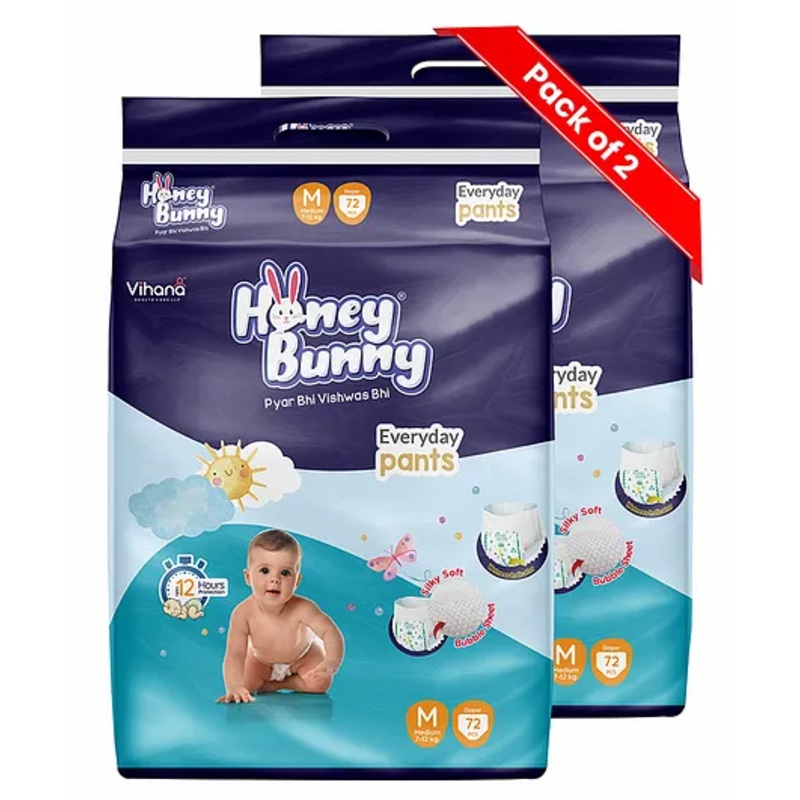 Honey Bunny Everyday Baby Pants Diapers with Wetness Indicator, Silky Soft – Bubble sheet, Medium -72 (7-12 kgs) (Pack of 2)  144pcs