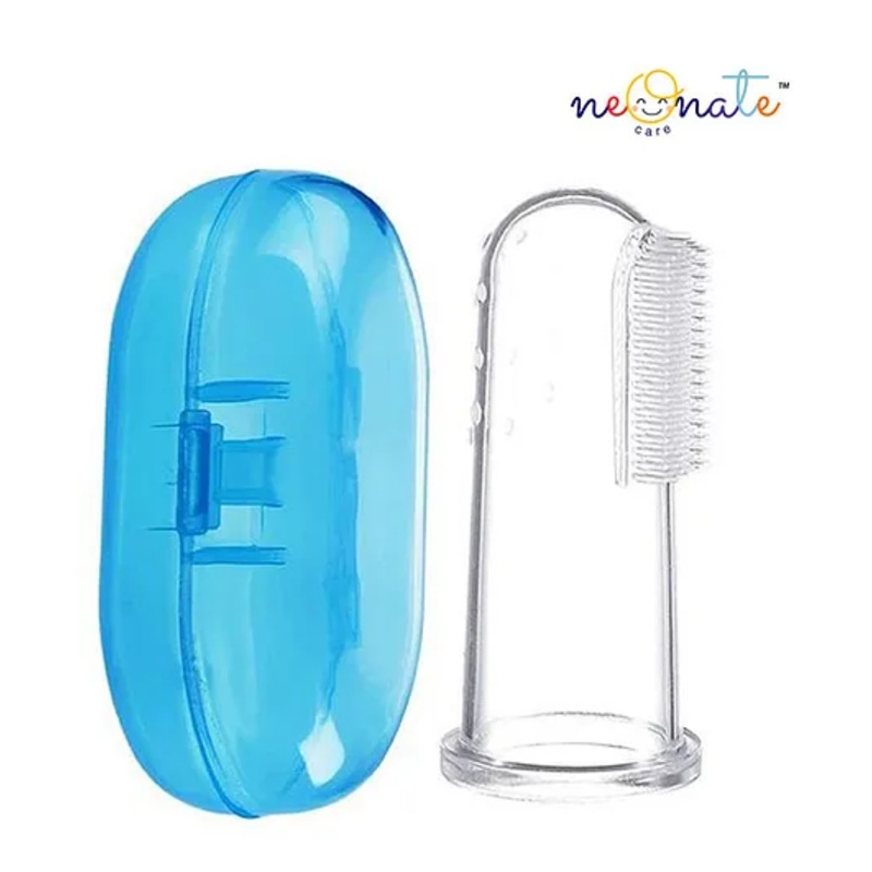 Neonate Care Baby Silicone Soft Bristles Finger Brush with Tongue Cleaner Back and Travel Protective Case – Blue