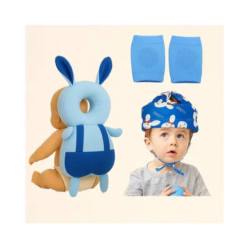 NeonateCare Utility combo of Head protector, helmet and Knee pads (Blue Smiley helmet, Blue Rabbit head protector and multicolor Knee pad ) pack of 3 utility items – Blue