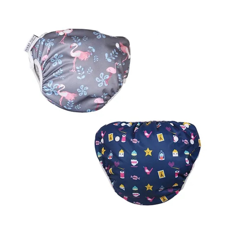POLKA TOTS Reusable Swim Diapers for Babies & Toddlers, Adjustable, Leak-Proof & Waterproof for Pool & Beach (Flamingo & Mix Print, 2-12 M)