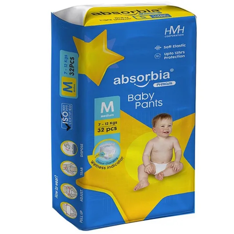 ABSORBIA Premium Baby diaper Pants | Medium | 7-11 Kg – M (32 Pieces)