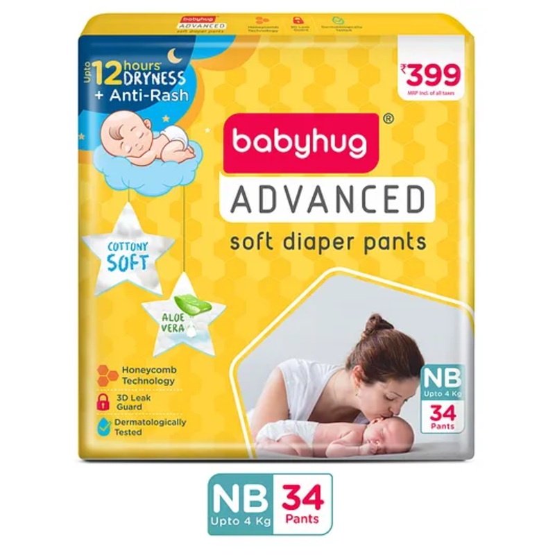Babyhug Advanced Pant Style Diaper New Born (NB) – 34 Pieces, Honeycomb Technology, Cottony Soft Diaper with 3D Leak Guard, Latex & Alcohol Free, Anti-rash & Gentle
