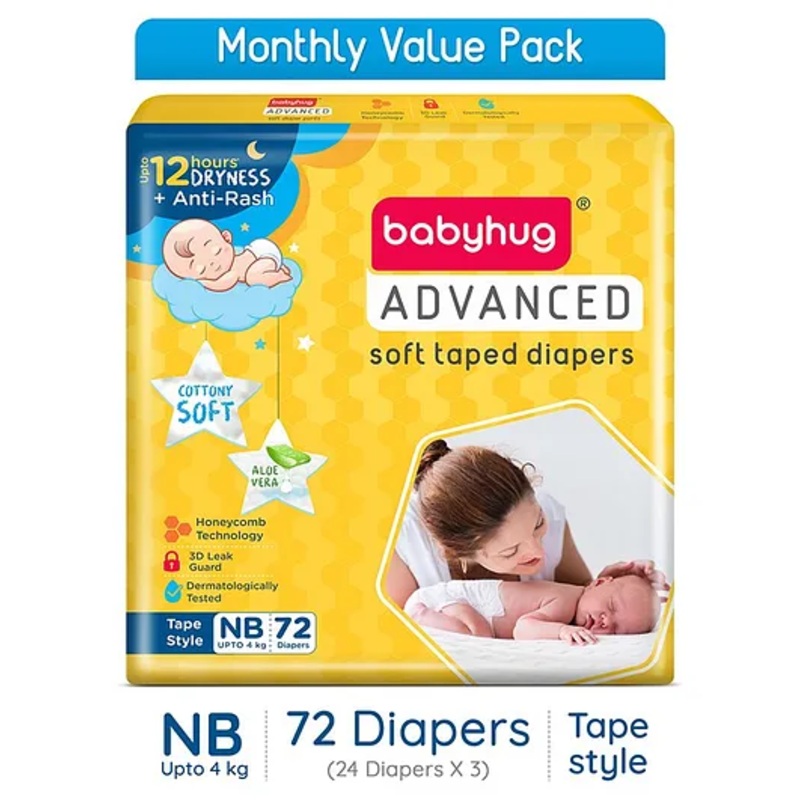 Babyhug Advanced Tape Style Diapers New Born Size – 72 Pieces