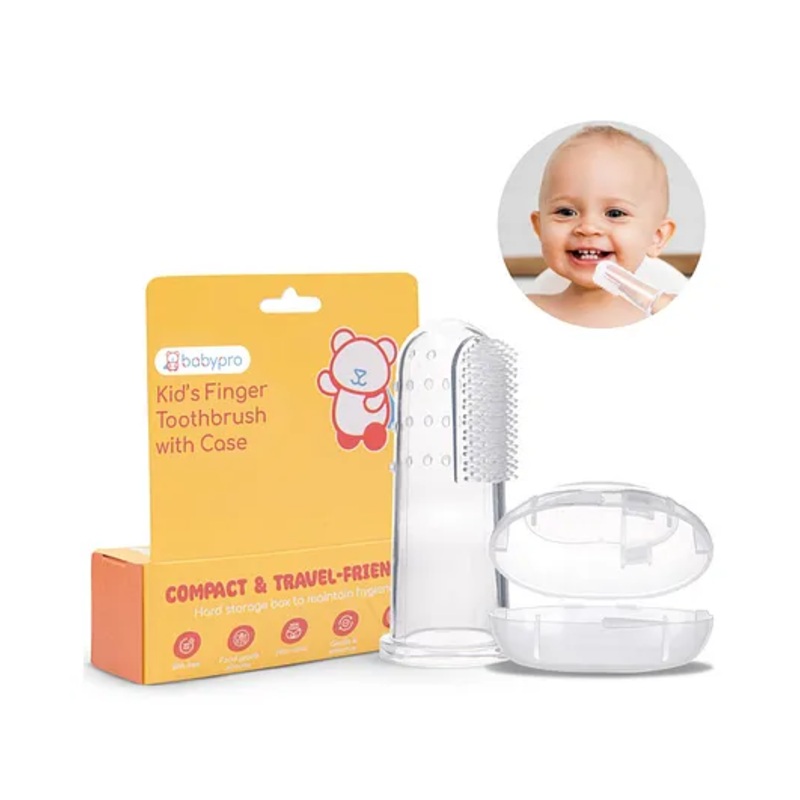 BabyPro Baby Finger Toothbrush with Storage Case Premium Silicone Toothbrush with Soft Bristles for Babies Tongue Cleaner Food-Grade BPA-Free Non-Toxic – White
