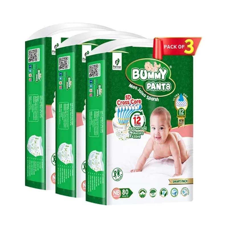 Bummy Pants  Super Dry Baby Diaper in New Born & XS sizes, 160 Count Diapers, 5D Core, Anti-Rash Layer, 12Hrs Protection, Upto 3 Kg- 240 Pieces