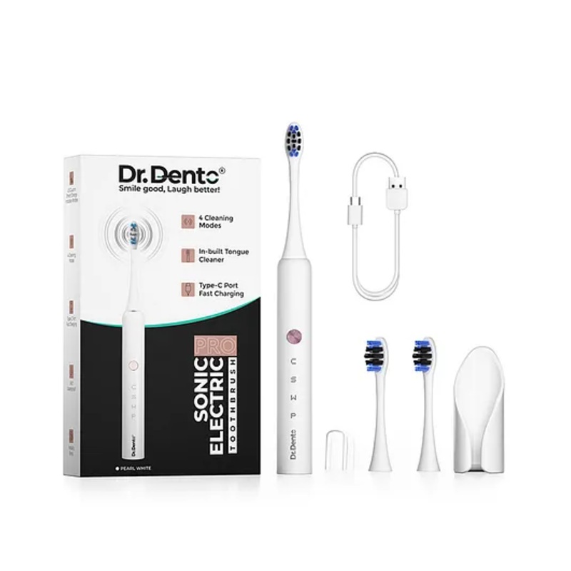 Dr.Dento Pro Series Electric Toothbrush  Pearl White | 4 Cleaning Modes | 30-Day Battery | Type-C Charging | 1-Year Warranty | Teeth Stain Remover | 31,000 VPM | Built-in Tongue Cleaner