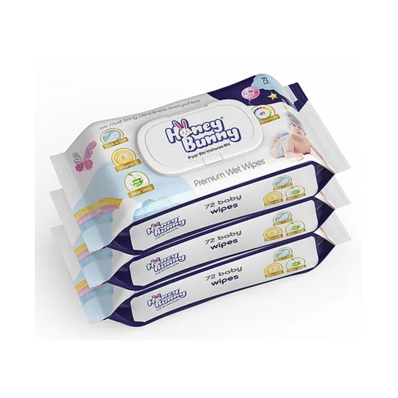 Honey Bunny  Premium Wet wipes with aloe vera & Vitamin E (216 Wipes) Pack of 3 (216 Wipes)