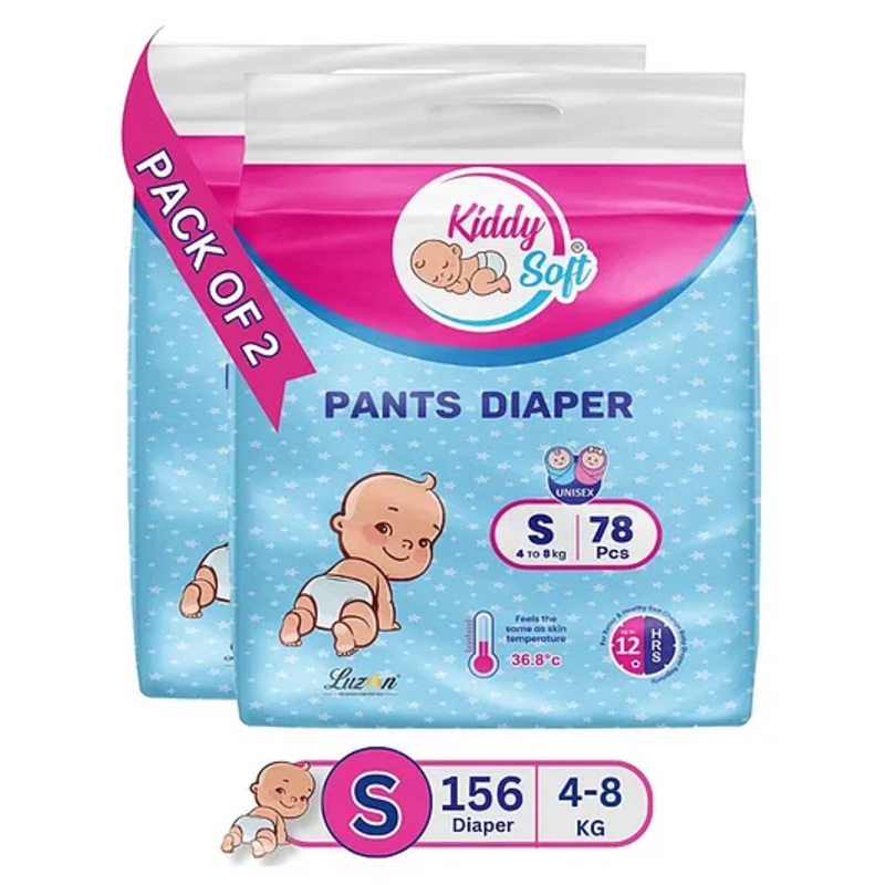 KiddySoft Baby Diaper Pants | Super Absorbent with Criss Cross Layer | Up to 12 Hours Protection | Softest Top Sheet | Comfortable Fit | Small (4-8 KG) | Pack of 2 (156 Diapers )
