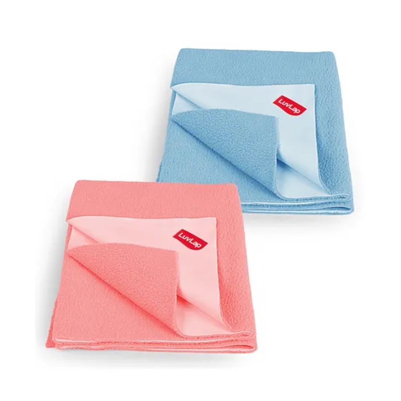 LuvLap Instadry Anti-Piling Fleece Quick Dry Baby Bed Protector, Waterproof, 100x140cm, Pack of 2, Sky Blue & Salmon Rose