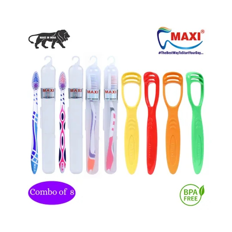 MAXI Oral Care Combo Toothbrush & Tongue Cleaner Pack of 8 – Multicolor