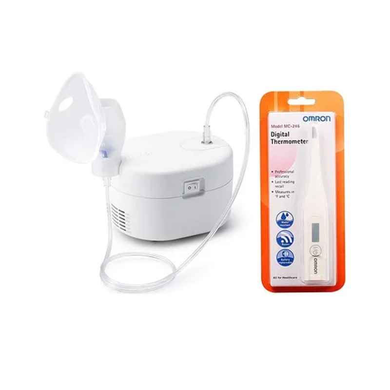 Omron NE C106 Ultra Compact & Low Noise Compressor Nebuliser & MC 246 Digital Thermometer Combo – White