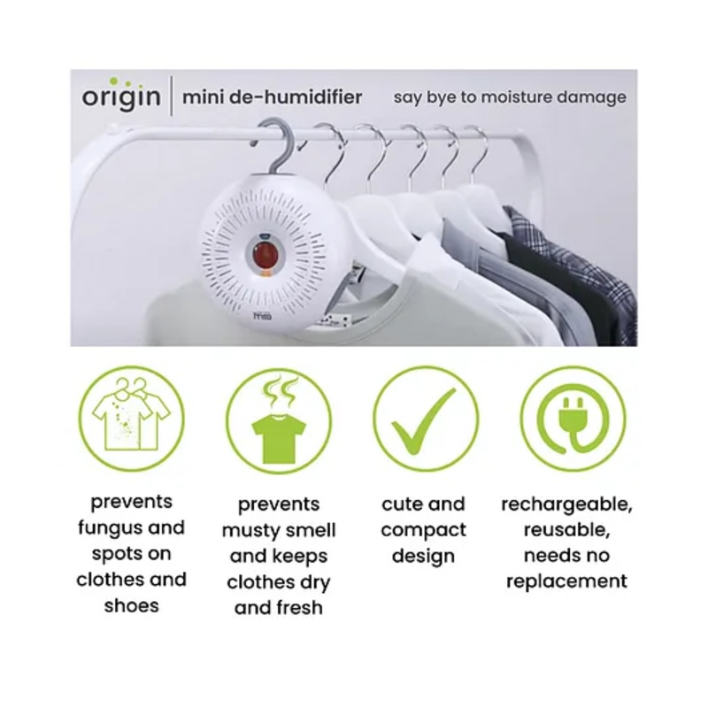 Origin De humidifiers Moisture Absorber + Mini Dehumidifier 68 Watts , 200 ml With Natural Silica Gel – White