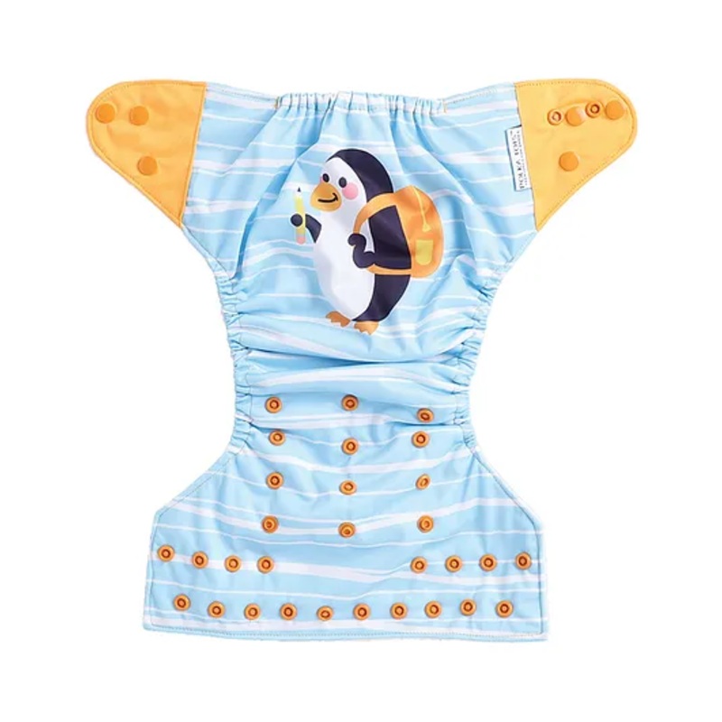 Polka Tots Reusable Waterproof Fleece Cloth Diaper For 2 Months – 2 Years With 1 Liner 3 Layers  Adjustable Snap Buttons Free Size Boys & Girls (Penguin Print)