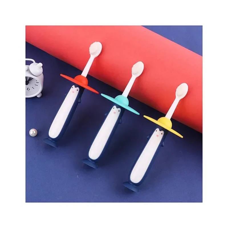 YAMAMA  Cute Cartoon Penguin Design Colorful Soft Toothbrush For Babies And Kids Extra Microfiber Soft Bristles With Silicone Grip And Bottom Suction Cup Design – (Pack of 1  Color And Design May Vary)