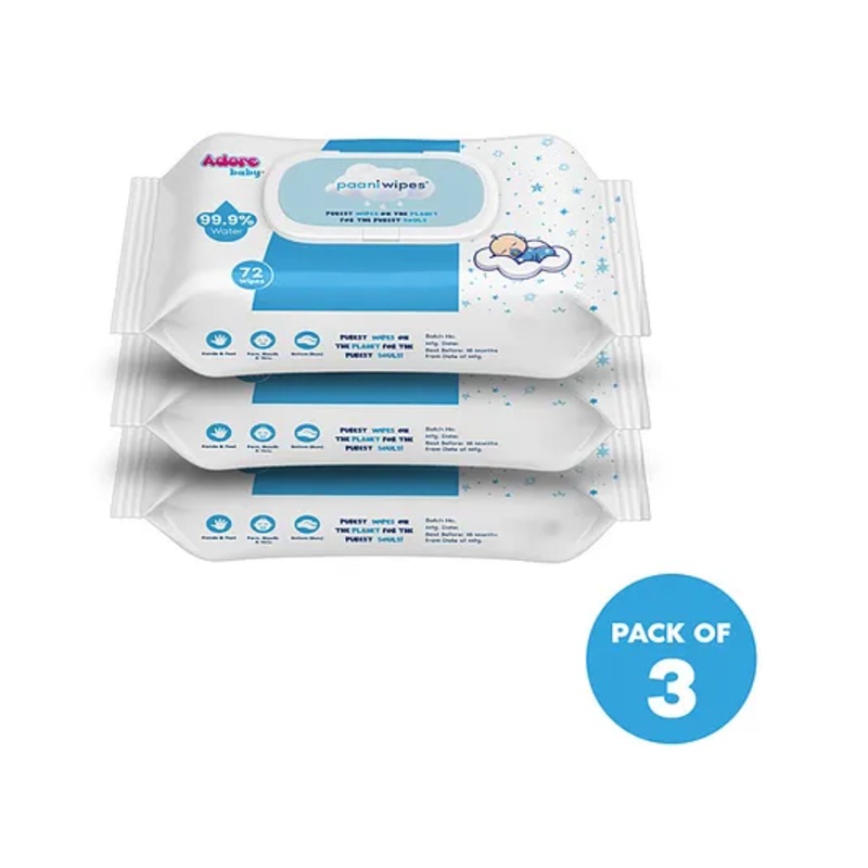 Adore Baby Paani Wipes 99.9 Percent Pure Water Wipes FDA Approved Dermatologically Tested Goodness of Aloe vera –  Pack of 3 – 72 Pieces Each