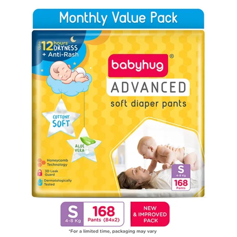 Babyhug Advanced Pant Style Diaper Monthly Box Pack Small (S) Size – 168 Pieces, Honeycomb Technology, Cottony Soft Diaper with 3D Leak Guard, Latex & Alcohol Free, Anti-rash & Gentle