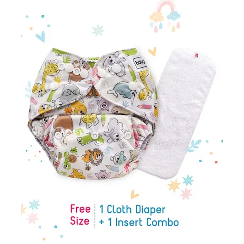 Babyhug Free Size Reusable Cloth Diaper With Insert Animal Print – White