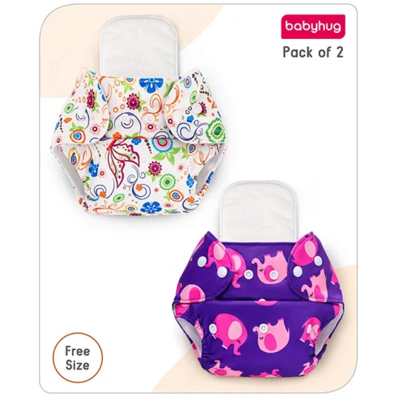 Babyhug Free Size Reusable Cloth Diaper with Inserts Elephant & Abstracts Prints Pack of 2 – Multicolour