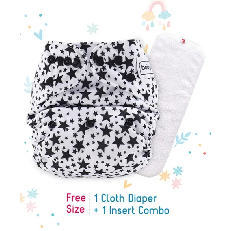 Babyhug Free Size Reusable Cloth Nappies With Insert Star Print – White Black