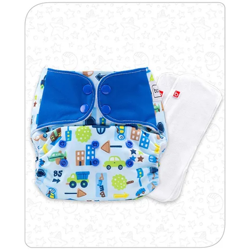Babyhug Free Size Reusable Contrast Flap Closure Cloth Nappies With 2 SmartDry Inserts Vehicle print – Blue