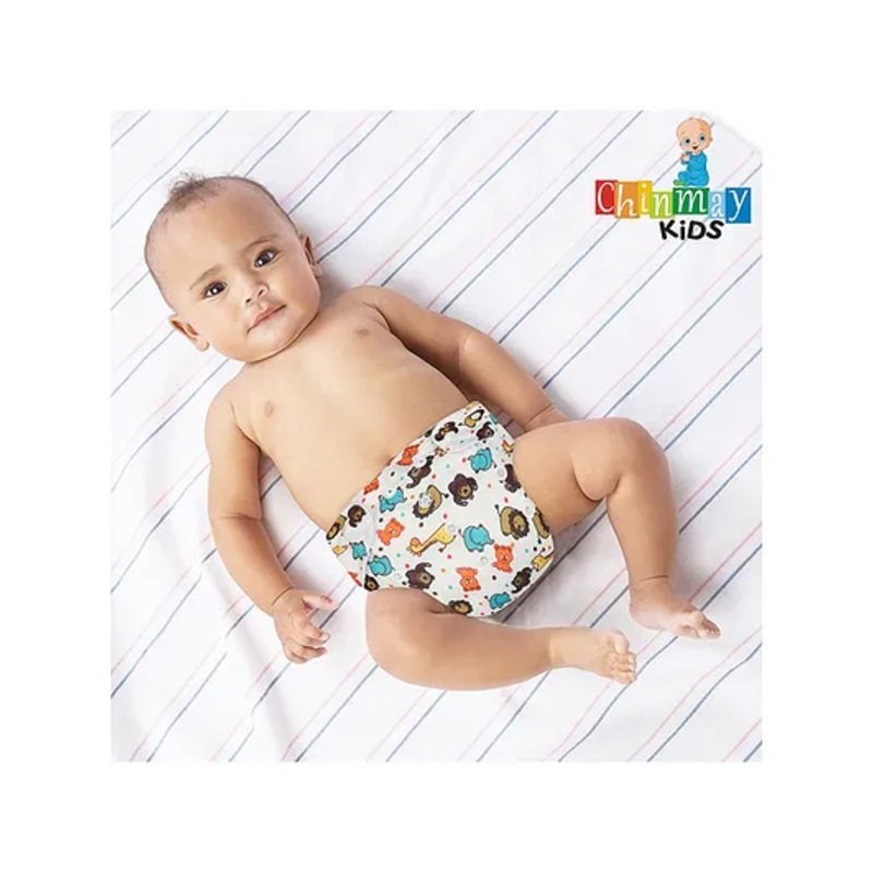 Chinmay Kids  Freesize Reusable Washable Adjustable Snap Buttons Cloth Diaper For Babies With Wet Free Insert Pads Leak Proof & Dry Feel- White Lion