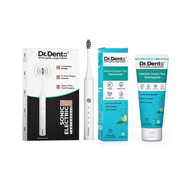 Dr.Dento Pro Sonic White Electric Toothbrush (Rechargeable) with Matcha Green Tea Toothpaste (125g) | 4 Cleaning Modes | 30-Day Battery | Type-C Charging | Vegan Ingredients
