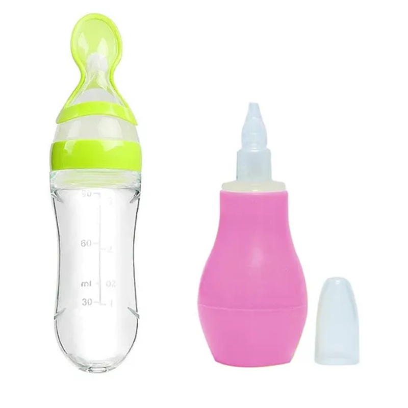 Enorme Baby Silicone Pink Nose Cleaner Nasal Aspirator and Silicone Easy Squeezy Spoon Food Feeder
