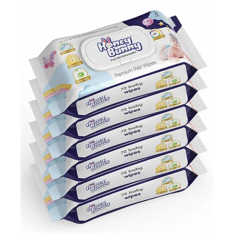 Honey Bunny Premium Wet wipes with aloe vera & Vitamin E (432 Wipes) Pack of 6 (432 Wipes)