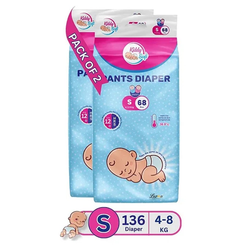 KiddySoft Baby Diaper Pants | Super Absorbent with Criss Cross Layer | Up to 12 Hours Protection | Softest Top Sheet | Comfortable Fit | Small (4-8 KG) | Pack of 2 (136 Diapers )
