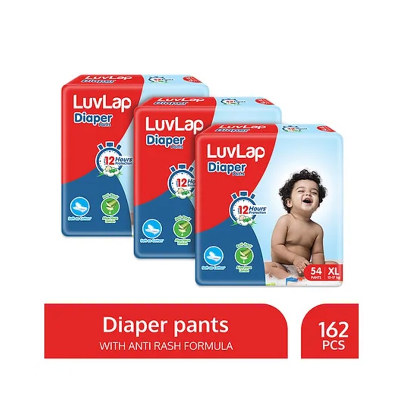 LuvLap Pant Style Baby Diapers, Extra Large (XL), Pack of 3, 162 Pants, Aloe Vera Lotion, 12hr Protection, White