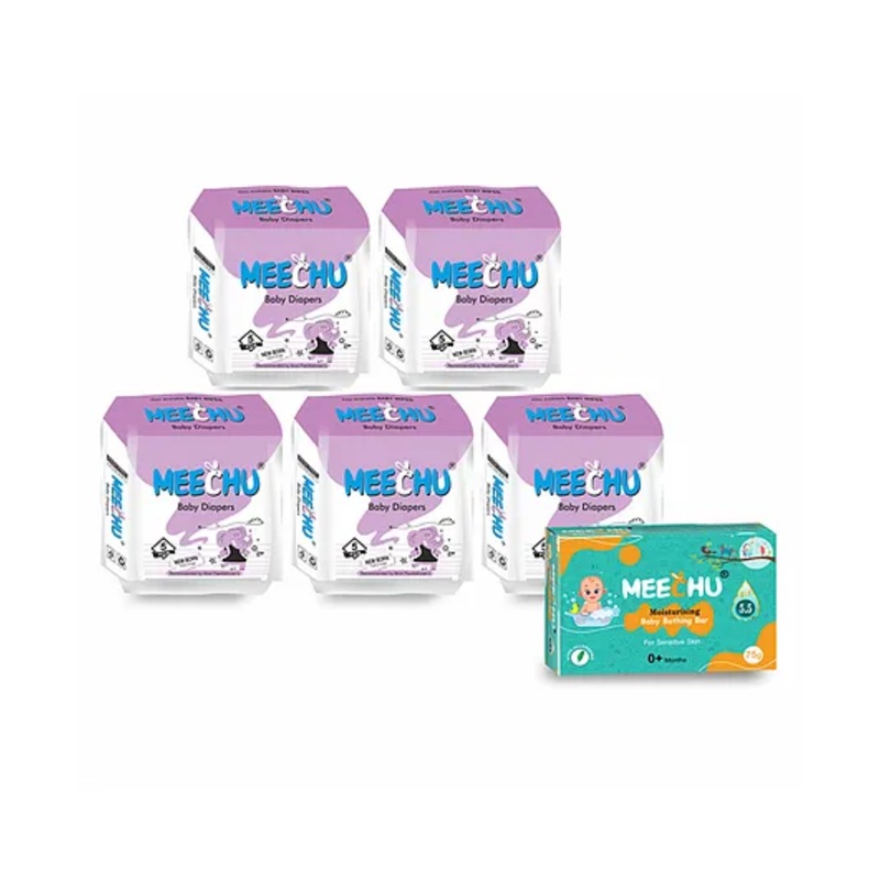Meechu Baby Diapers (New Born) Combo Pack of 5 With One Baby Bathing Bar Free – 25 Pieces
