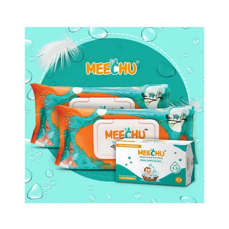 Meechu Baby Wipes Combo Pack of 2 72 Pieces Each With One Baby Bathing Bar – 75 g